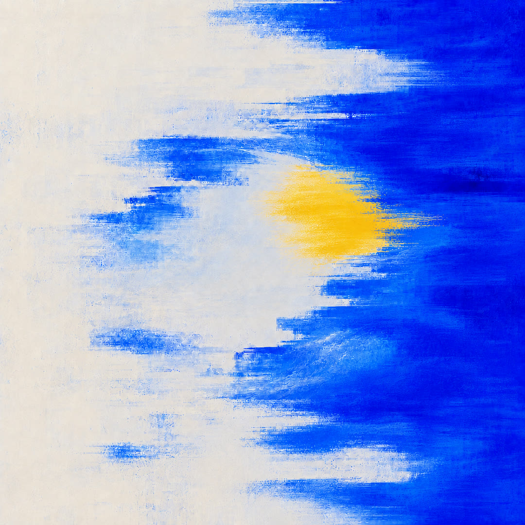 Abstract blue and yellow brushstrokes across a textured white background.